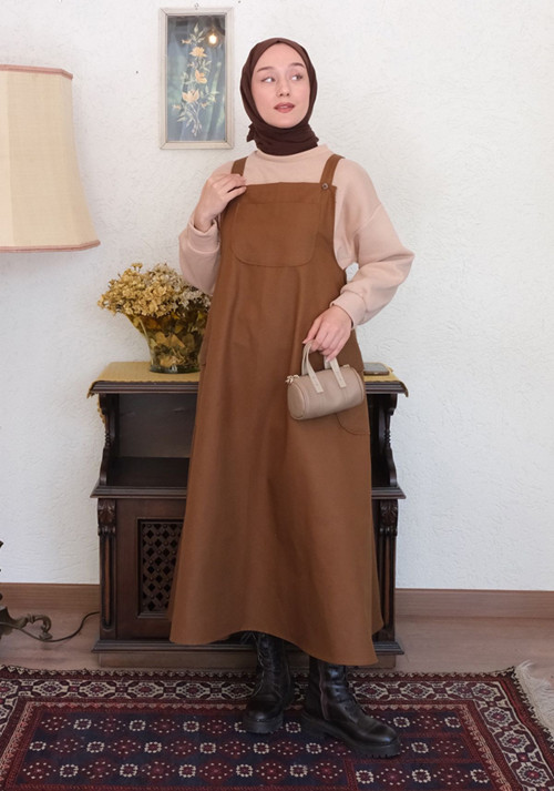 Acı Kahve Keten Etekli Salopet