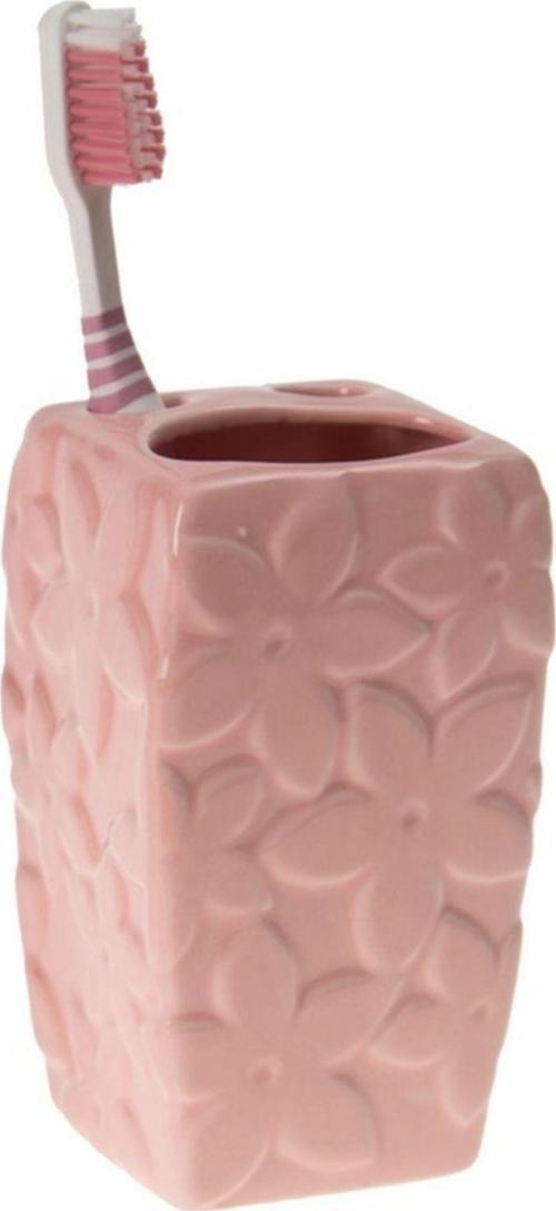 Seramik Diş Fırçalık Çiçekli Pembe Model 7X7X12Cm