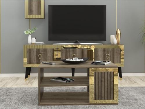 Lazer Desneli 90 cm Bare Orta Sehpa Ceviz - Altın
