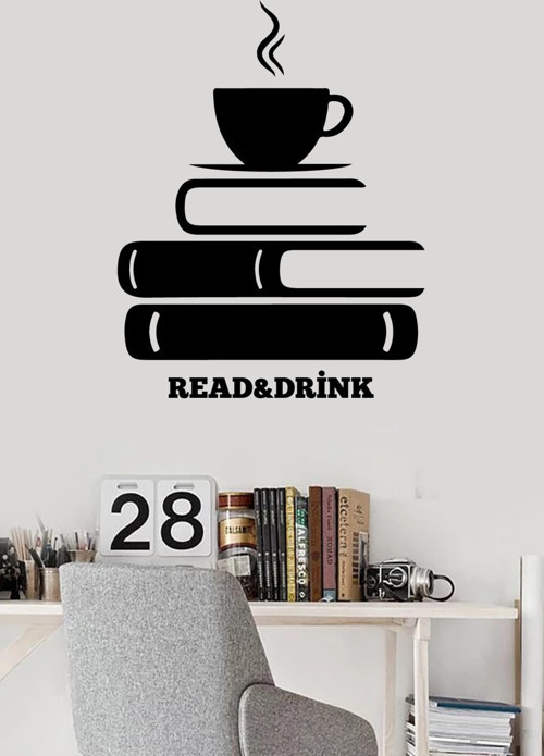 Kahve Ve Kitap Köşesi Duvar Sticker Yapıştırma (Su Ve Nemden Etkilenmez)