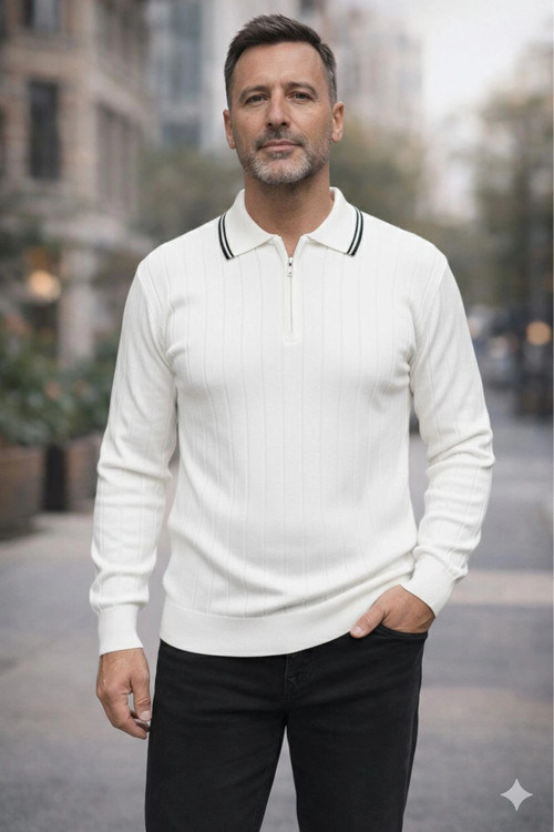 Erkek Çizgili Polo Yaka Fermuarlı Sweatshirt