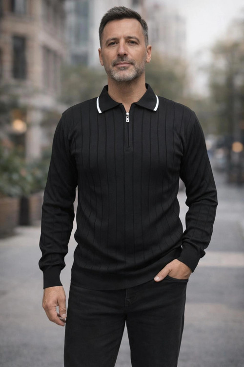 Erkek Çizgili Polo Yaka Fermuarlı Sweatshirt