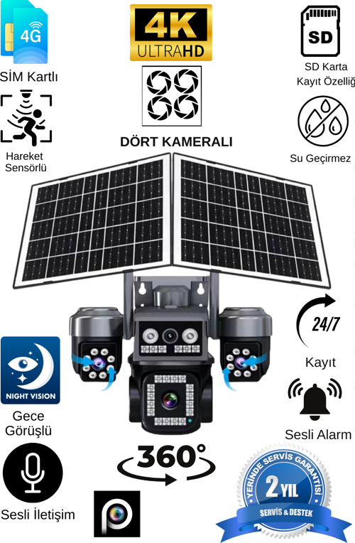 DÖRT KAMERALI ÇİFT SOLAR PANELLİ 4G GÜVENLİK KAMERASI
