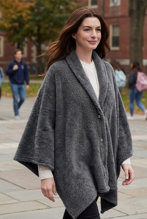 Çıtçıtlı Premium Omuz Şalı Panço - Füme