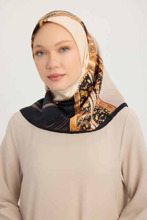Saltanat Arabası -Gri - %100 İpek Twill Eşarp - 90x90 Cm