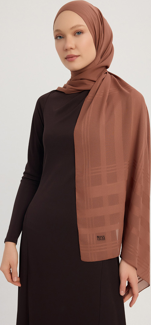 Jakarlı Ekose Şifon Şal 70x180cm - Kahve