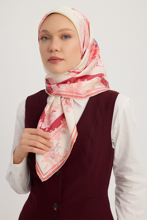Rapsodi - Bordo - %100 İpek Twill Eşarp - 90x90 Cm