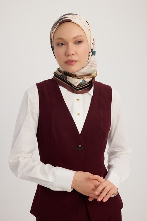Gök Çiçeği - Bordo - %100 İpek Twill Eşarp - 90x90 Cm