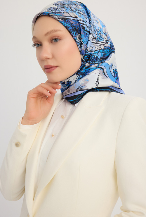 Hilal Şehri - İndigo - %100 İpek Twill Eşarp - 90x90 Cm