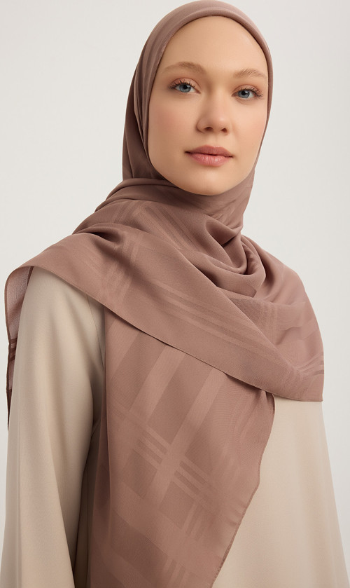 A25256 Jakarlı Ekose Şifon Eşarp 120x120cm - Vizon