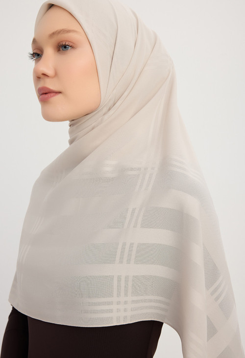 A25256 Jakarlı Ekose Şifon Eşarp 120x120cm - Taş