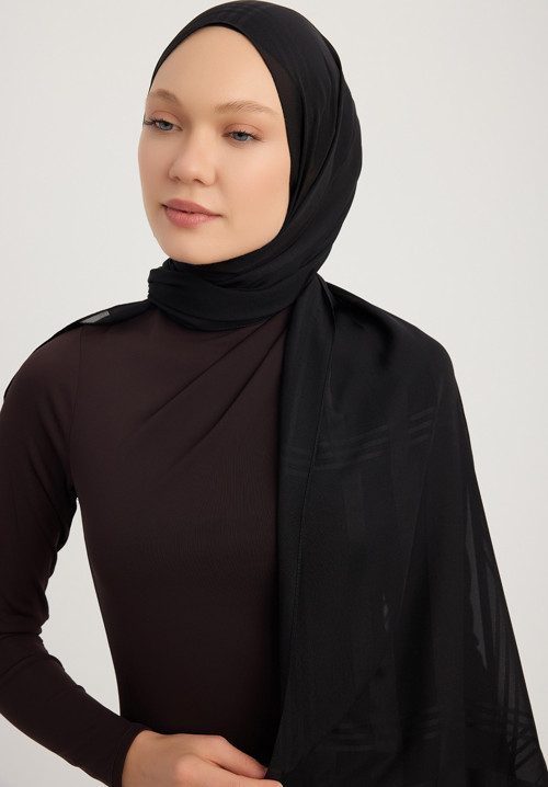 Jakarlı Ekose Şifon Şal 70x180cm - Siyah
