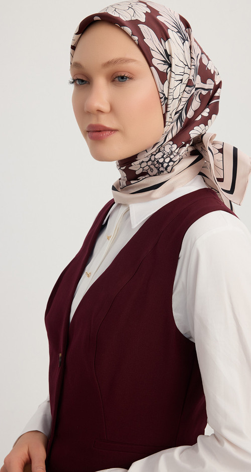 Çiçek Rüyası - Bordo - %100 İpek Twill Eşarp - 90x90 Cm