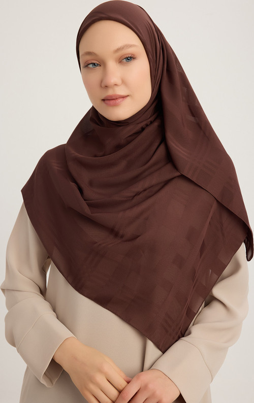 A25256 Jakarlı Ekose Şifon Eşarp 120x120cm - Kahve