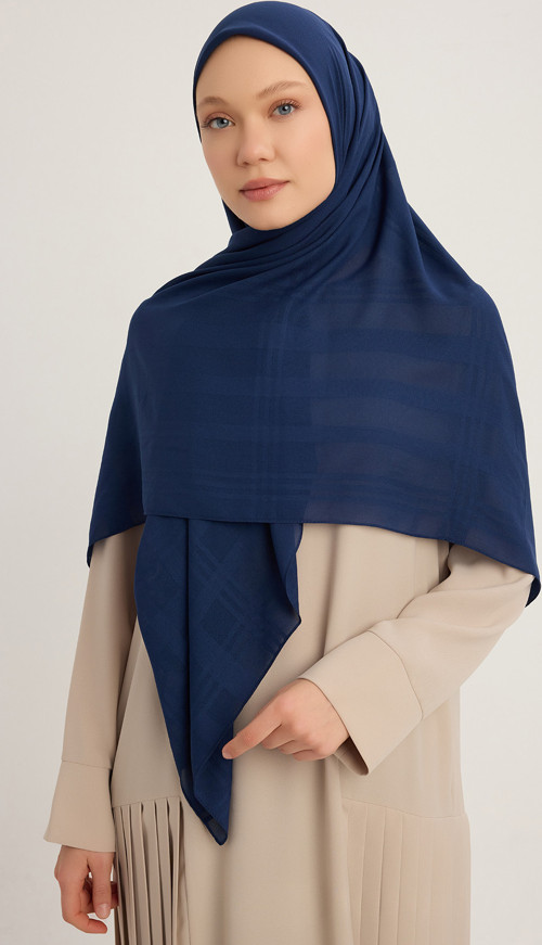 A25256 Jakarlı Ekose Şifon Eşarp 120x120cm - Lacivert
