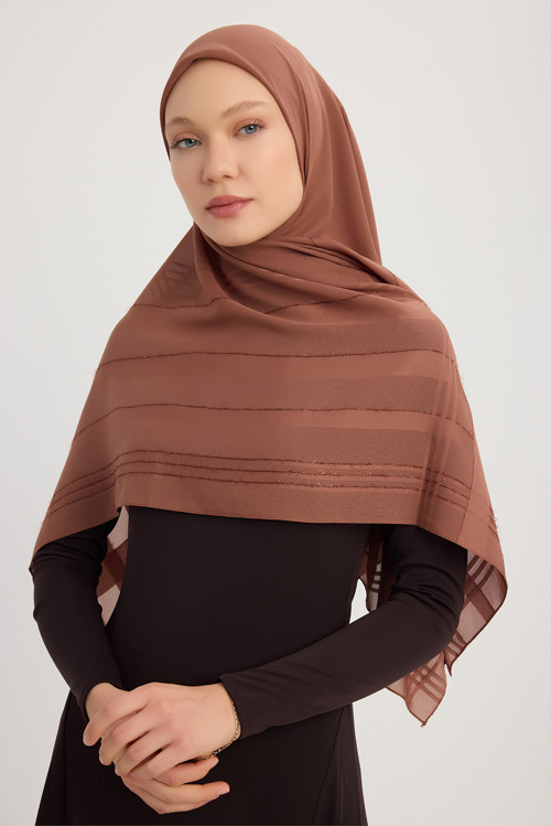 A25259 Jakarlı Simli Ekose Şifon Eşarp 120x120cm - Kahve