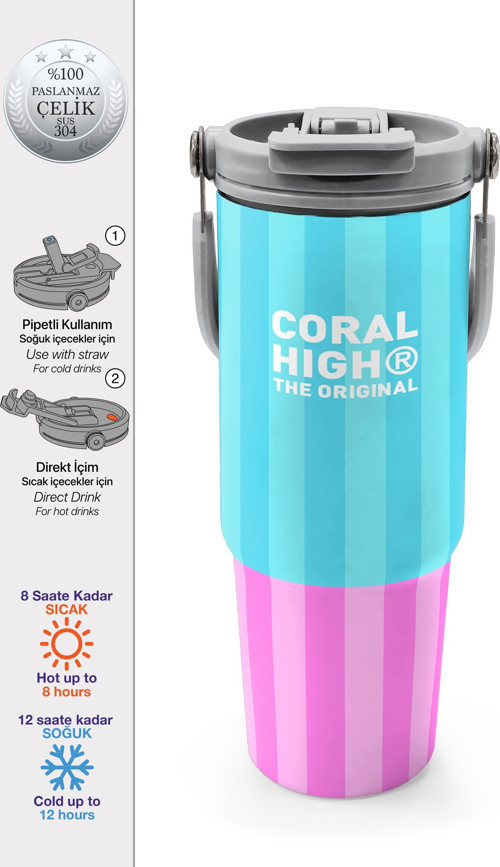 Renkli Çizgili Desenli Pipetli ve Direkt İçim Çelik Termos 900 ml 38747