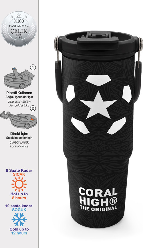 Siyah Futbol Desenli Pipetli ve Direkt İçim Çelik Termos 900 ml 38722
