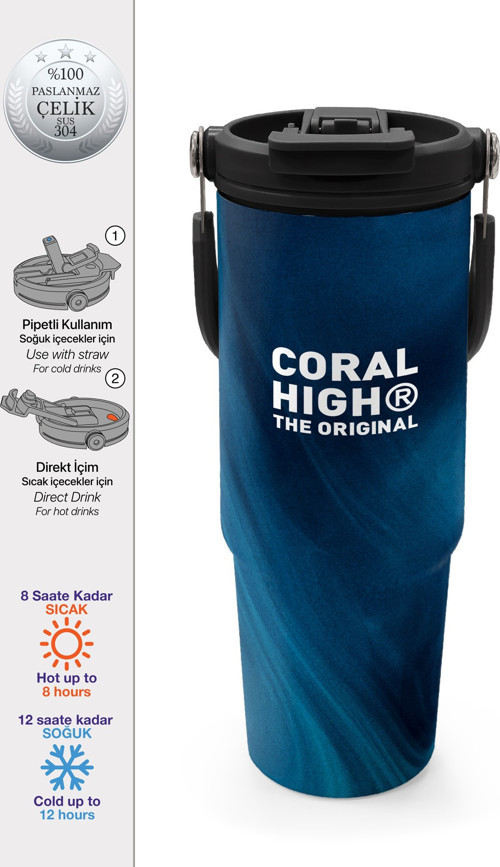 Renkli Desenli Pipetli ve Direkt İçim Çelik Termos 900 ml 38736