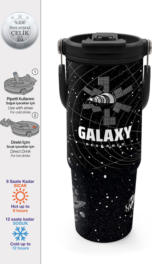 Siyah Galaxy Desenli Pipetli ve Direkt İçim Çelik Termos 900 ml 38713