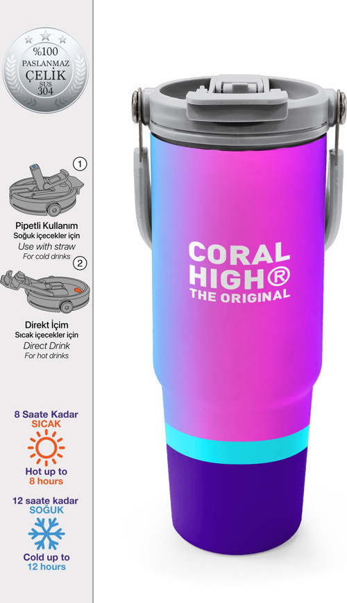 Çok Renkli Pipetli ve Direkt İçim Çelik Termos 900 ml 38723