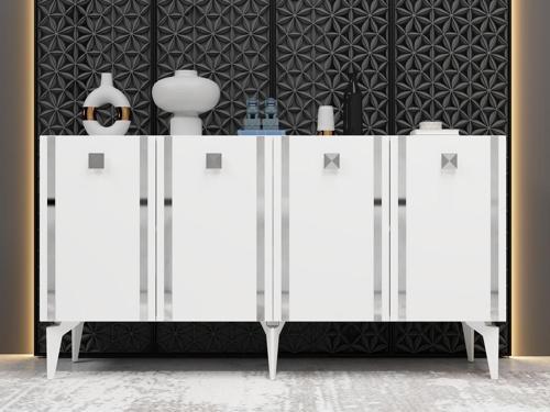 Dorruk Konsol 4 Kapaklı Raflı Beyaz - Gümüş