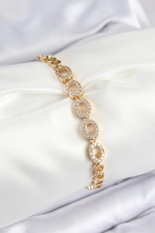 Pirinç Zirkon Taşlı Oval Model Gold Renk Kadın Bileklik - TJ-BB7543