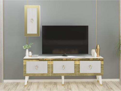 Lazer Desenli 150 cm Bare Tv Ünitesi Beyaz - Altın