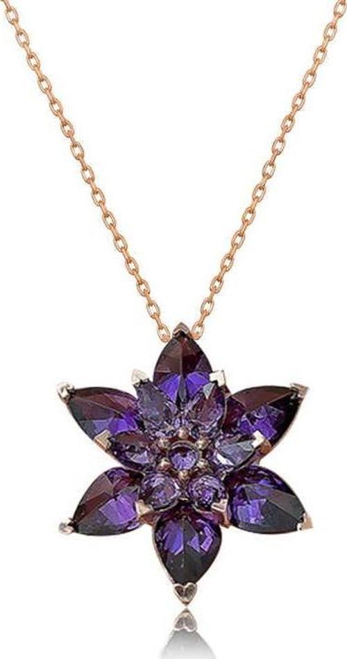 925 Ayar Gümüş Rose Mor Lotus Çiçeği Kolye
