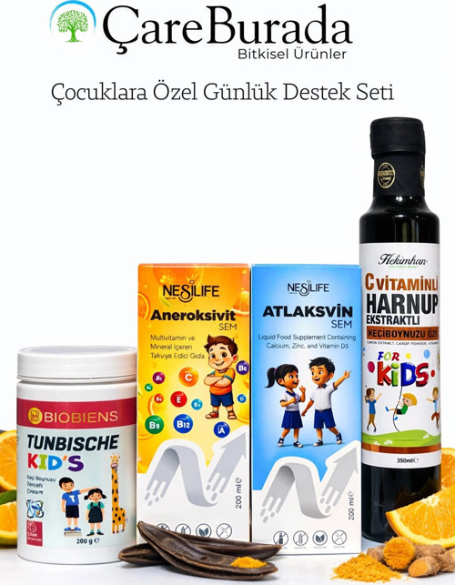 CareBurada Çocuklara Özel Günlük Destek Seti | Multivitamin, Kalsiyum D3, Keçiboynuzu ve Harnup Özü