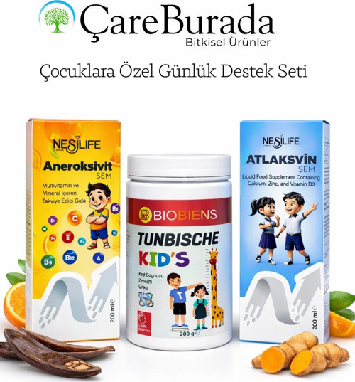 ÇareBurada Çocuklara Özel Günlük Destek Seti - Multivitamin + Kalsiyum D3 + Keçiboynuzu Tozu