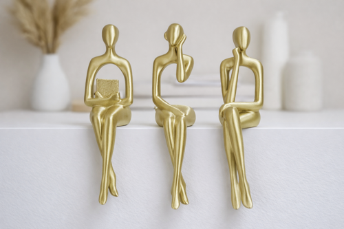 İskandinav Tarzı 3’lü Soyut Düşünen Heykel Seti - 20cm Premium Gold - Çevre Dostu Organik PLA Tasarım Biblo