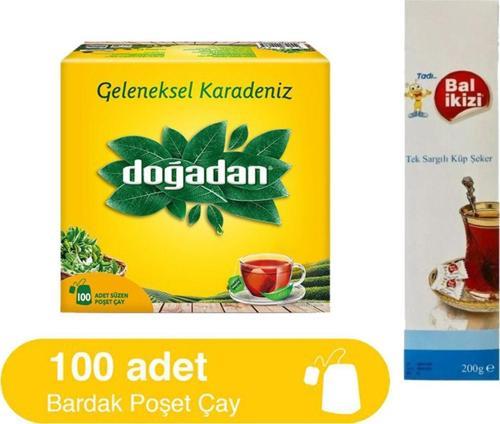 Geleneksel Karadeniz Bardak Poşet Çay 100'Lü + Tek Sargılı Küp Şeker 200 Gr