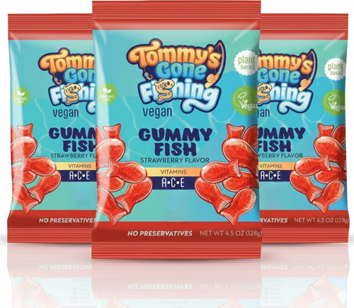 Tommy’s Gone Fishing Bitki Bazlı Çilekli Gummy Fish – Sağlıklı ve Lezzetli Vegan Atıştırmalık 128 g (3 ADET)