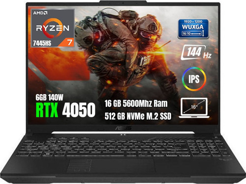 Tuf Gaming A16 FA607NUG-RL208 Amd Ryzen7-7445HS 16GB 512GB SSD RTX4050-6GB 140W 16" Wuxga 144Hz Freedos Taşınabilir Bilg