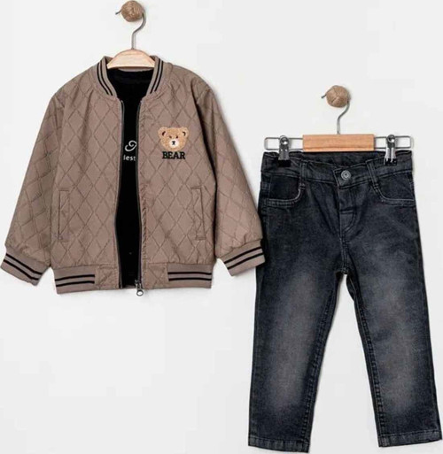 (9-24 Ay) Deri Bear Fırçalı İşlemeli Erkek Bebe 3 Lü Takım - Vizon