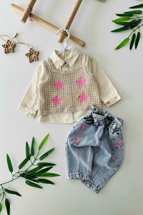 Lüx Yıldız Detaylı Triko 3 Parça Kız Bebe Takım - Pembe