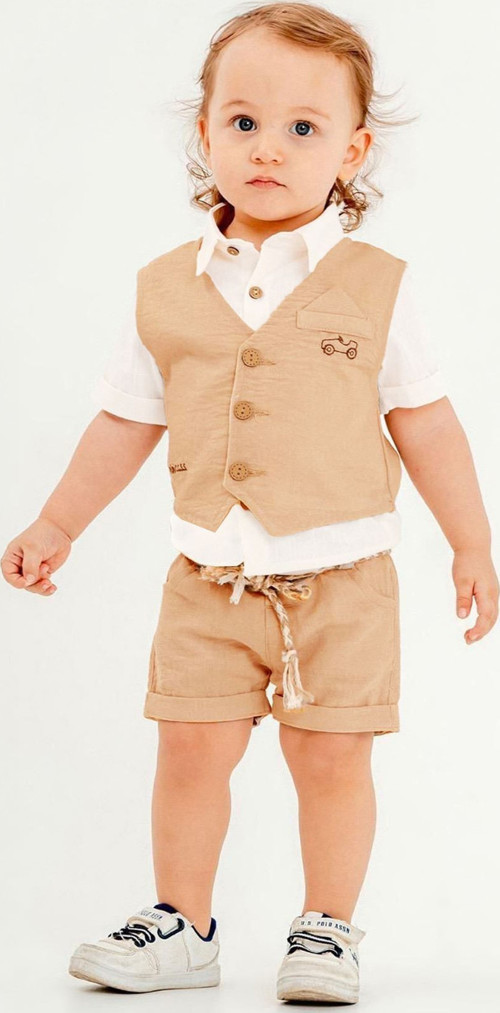 Araba İşleme Detaylı Yelekli Erkek Bebe 3 Lü Takım - Camel