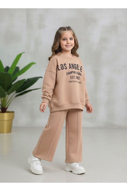 Los Angeles Pantolonlu Kız Çocuk Takım - Kahve