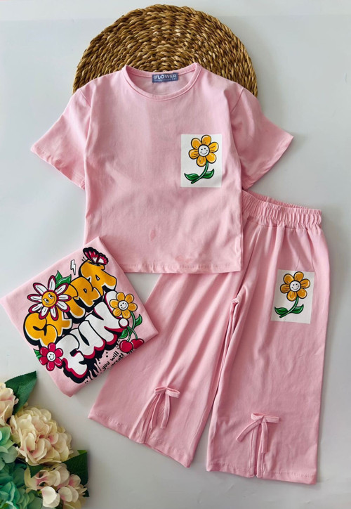 Fun Arka Ve Ön Baskılı Yırtmaç Detaylı 2 Li Takım - Pembe