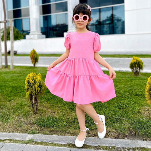 Karpuz Kol Pembe Kız Keten Elbise