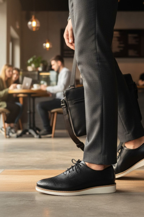 Siyah Hakiki Deri Oxford Tipi Sportif Tabanlı Modern Casual Ayakkabı