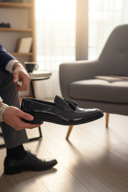 Hakiki Deri Siyah Aynalı Rugan Püsküllü (Tassel) Erkek Loafer Ayakkabı