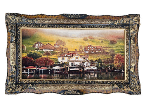 Kıyı Evleri ve Tekne Limanı Adlı İran Tebriz Halı Tablo 123x73cm - Duvar Halı Kilim Tablo