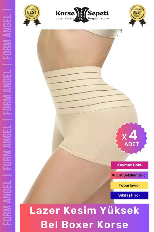 #Korse Vücut Toparlayıcı Şekillendirici Kaymaz Doku Lazer Kesim Yüksek Bel Boxer Korse - 4 Adet