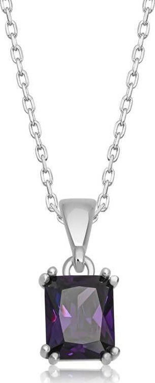 925 Ayar Gümüş Mor Kristal Kare Taşlı Kadın Gümüş Kolye