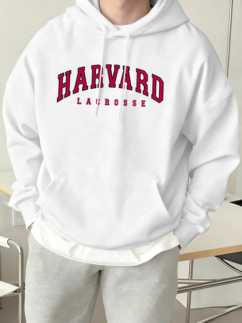Harvard Lacrosse Baskılı Kapüşonlu Üst Erkek Yumuşak Moda Tişörtü Spor Rahat Sokak Giysisi Te
