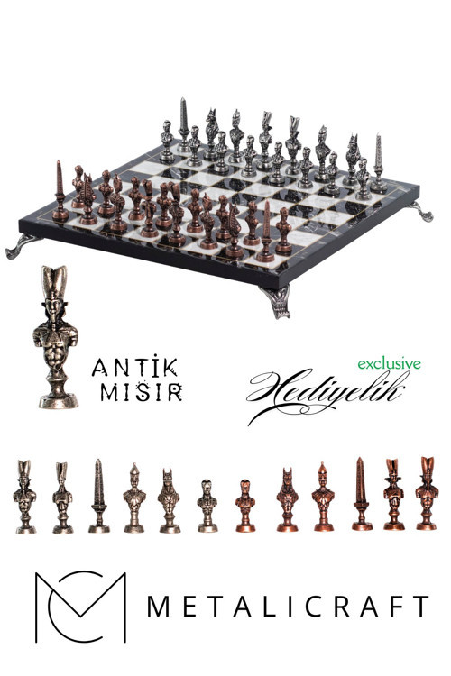 MC57 Antik Mısır Figürlü Metal Satranç Takımı - Mermer Desenli 25cm Tahta – El Yapımı Taşlar