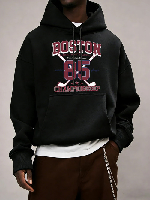 Boston 85 Oyuncular Şampiyonası Desen Erkekler Kapüşonlular Polar Gevşek Kazak Tüm Maç Trendy