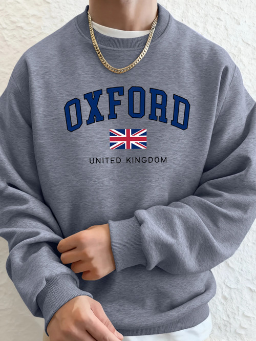 Oxford Birleşik Krallık Mektup Ve Bayrak Baskılı Erkek Kapüşonlular Bisiklet Yaka Yumuşak Üst